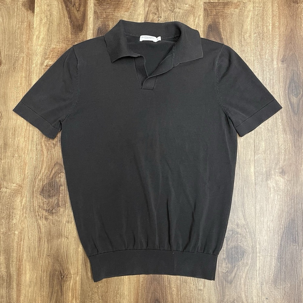 Suitsupply Shirt Mens Small Black Cotton Silk Polo Johnny Collar Short Sleeve